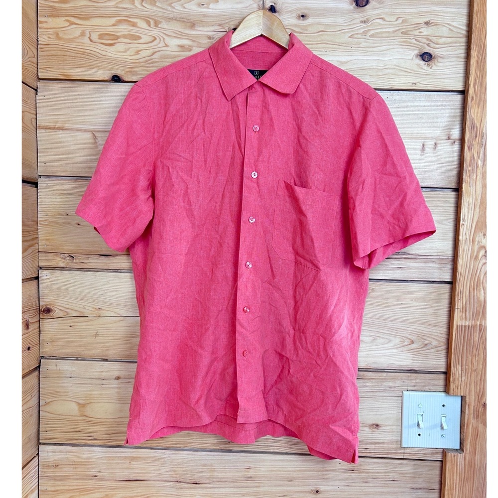 Bugatchi Uomo Mens Short Sleeve Button Down Shirt Coral Pink Modal Blend Size S